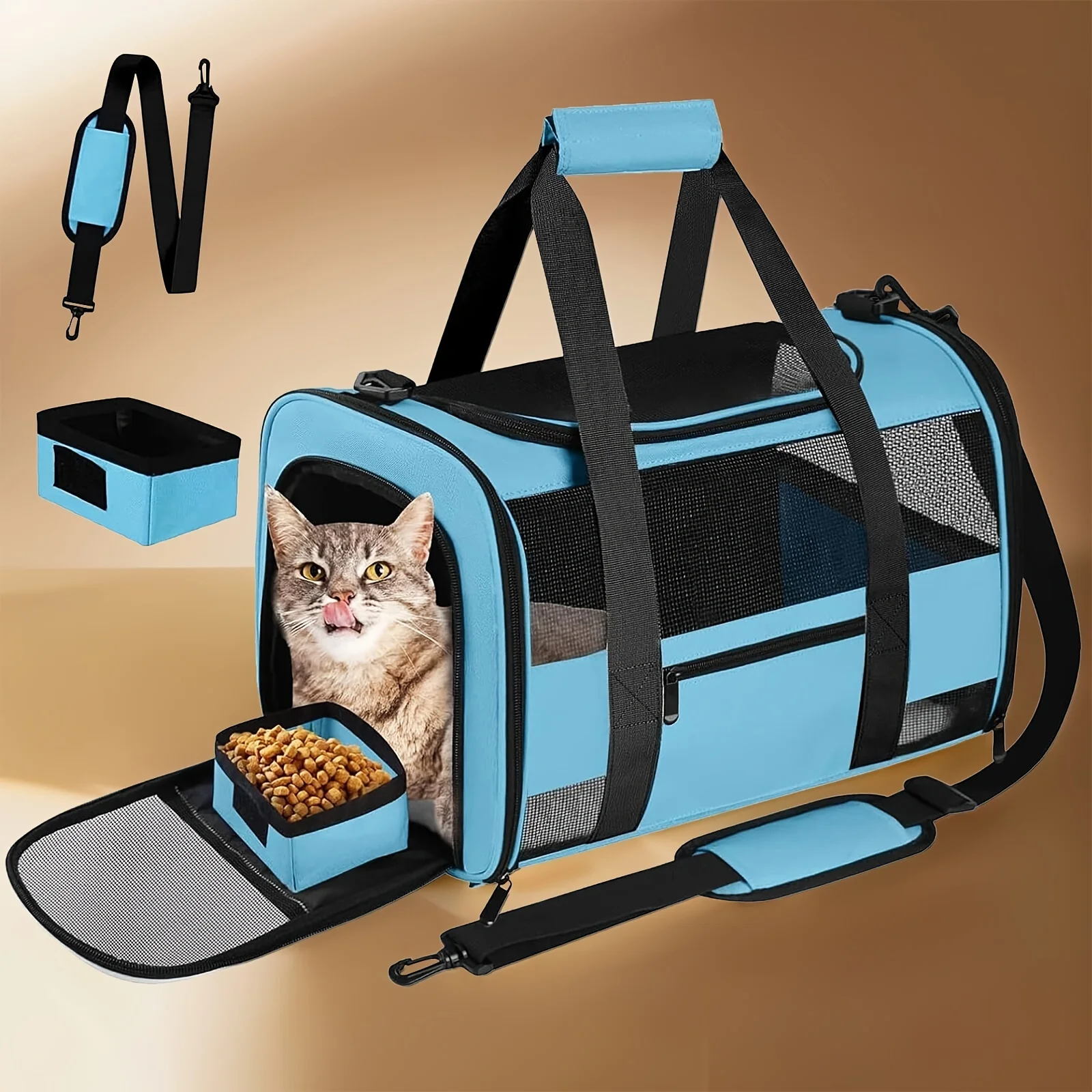 

TSA Airline Approved Collapsible Soft-Sided Cat & Dog Carrier - Cozy Fleece Pet Travel Bag with Foldable Bowl, Mesh Ventilation Windows, Safety Zippers, Shoulder/Carry Strap & ID Holder - Carrier for Small/Medium Puppies & Cats (Airplane