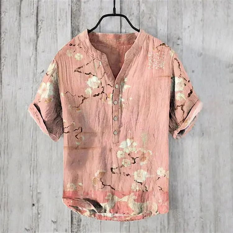 Camisa de manga corta con cuello en V para hombre, ropa ligera de lujo, suelta e informal, con estampado de la serie de flores de cerezo, para verano