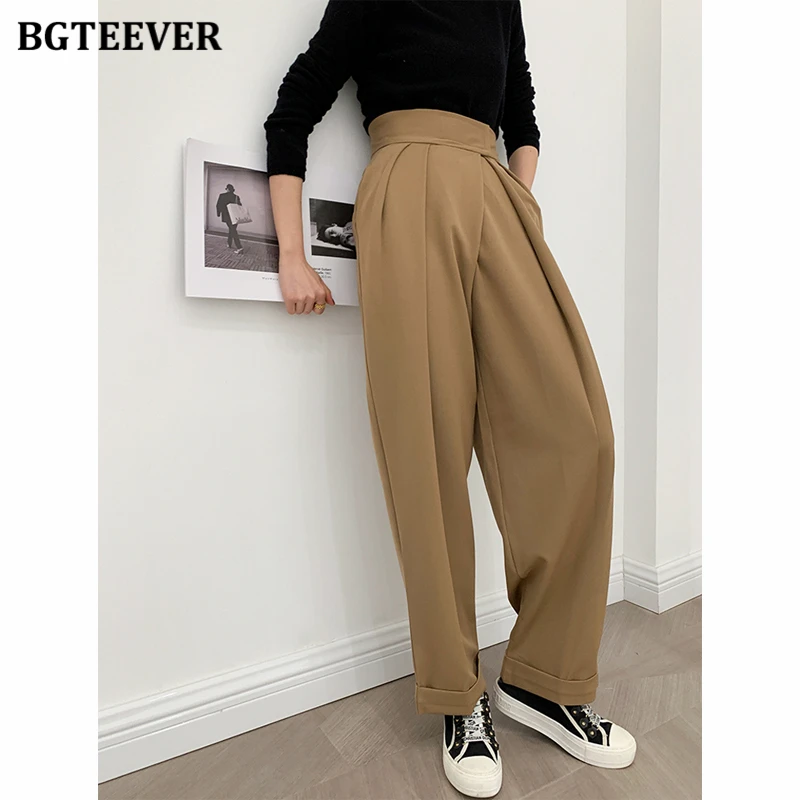 

BGTEEVER Stylish Loose Wide Leg Women's Pants Elegant High Waist Pockets Straight Trousers Women Autumn Ladies Pantalon