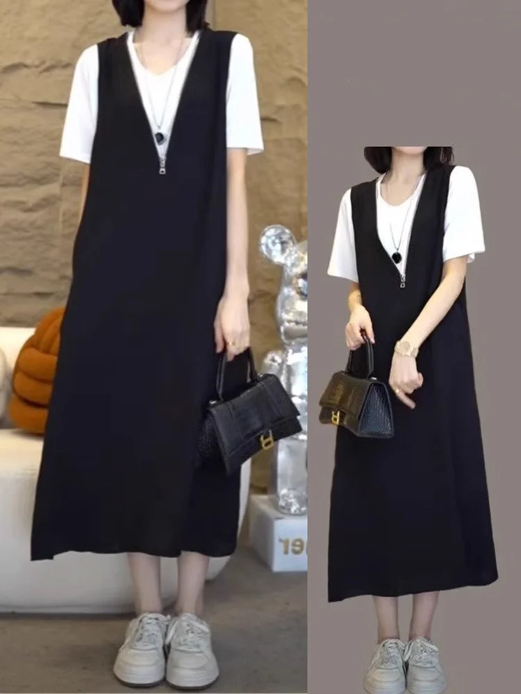 

Slimming Effect Loose Dress Women's Summer 2024 Casual T-Shirt Style Vest Skirt Two-Piece Set Belly Cover Fashionable Ensemble