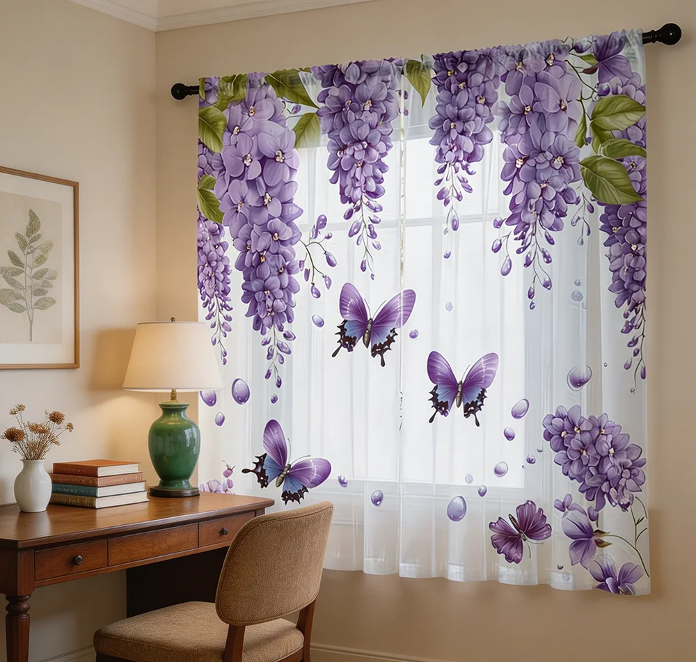 2PCS Digital Print Sheer Curtain, Purple Wisteria Butterflies Dancing Ver2, Elegant Dreamy Romantic Floral Vine Garden Decor