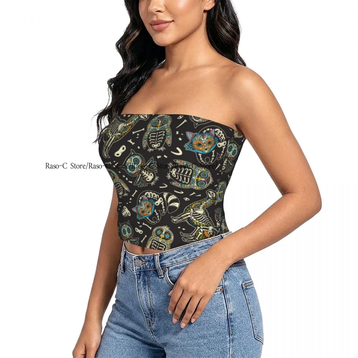 Strapless Sexy Tube Tops Summer Outfits Women Backless Shoulder Wrap Owl Penguin Llama Raccoon Sugar Skull Female Crop Top