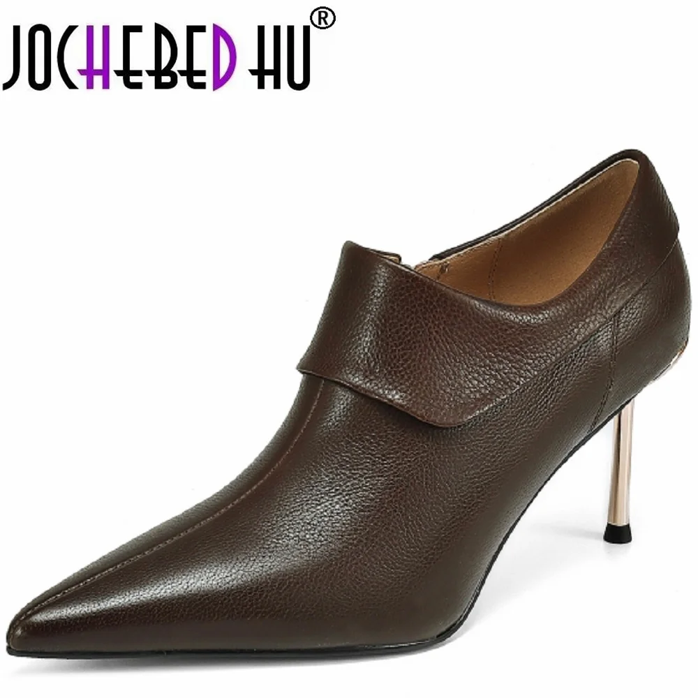 

【JOCHEBED HU】Classic Style New High Quality Genuine Leather Pointed Toe Ankle Boots Thin Heel Commuting Dress Office Ladies Shoe