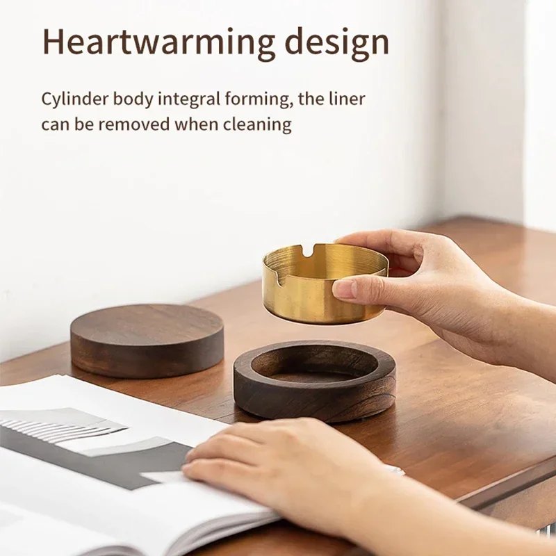 Creative Ashtray with Lid Walnut Desktop Ashtray Stainless Steel Smoking Windproof Ashtray Home Office Decoration