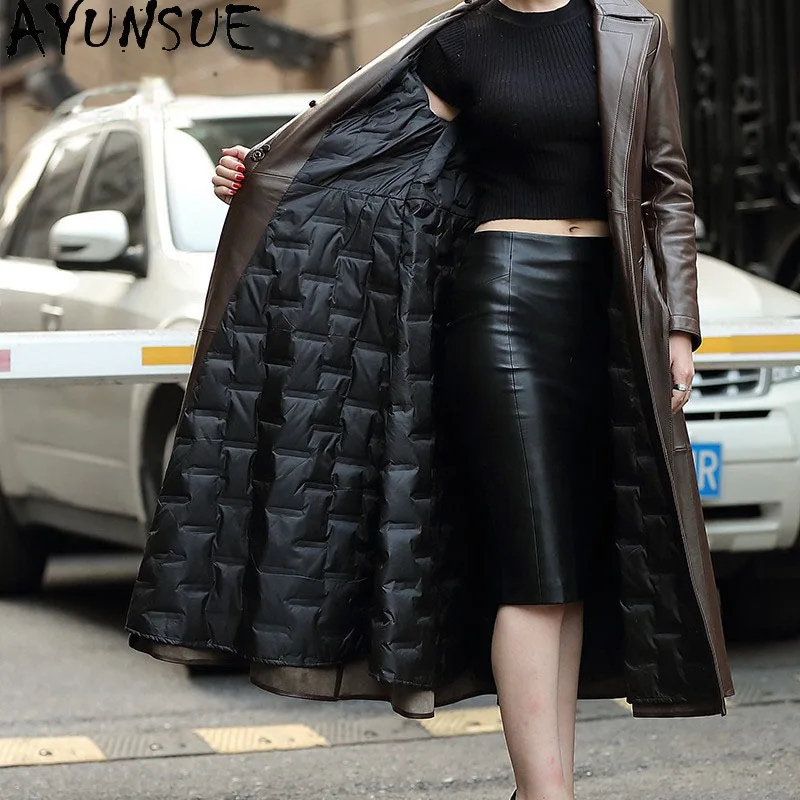 AYUNSUE Sheepskin Genuine Leather Jacket Women Warm 90% Down Coat Womens Coats Long Style Winter Clothes Raccoon Fur Collar 2025