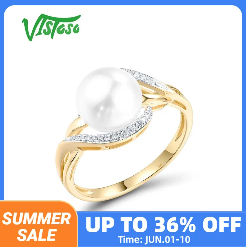 

VISTOSO Genuine 14K 585 Yellow Gold Ring For Women Sparkling Diamonds Fresh Water Pearl Delicate Party Fashion Fine Jewelry