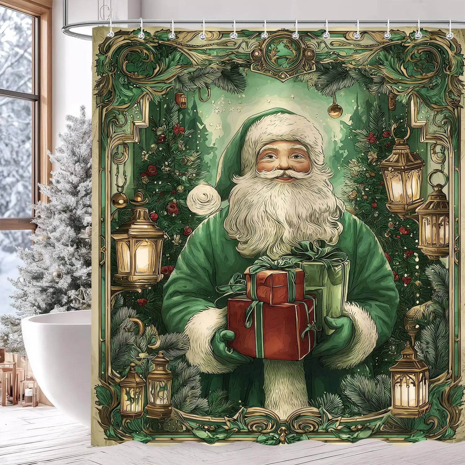 Vintage Christmas Shower Curtain,Cute Retro Santa Claus Winter Holiday Shower Curtains,ark Green Vacation Primitive XmasBathroom