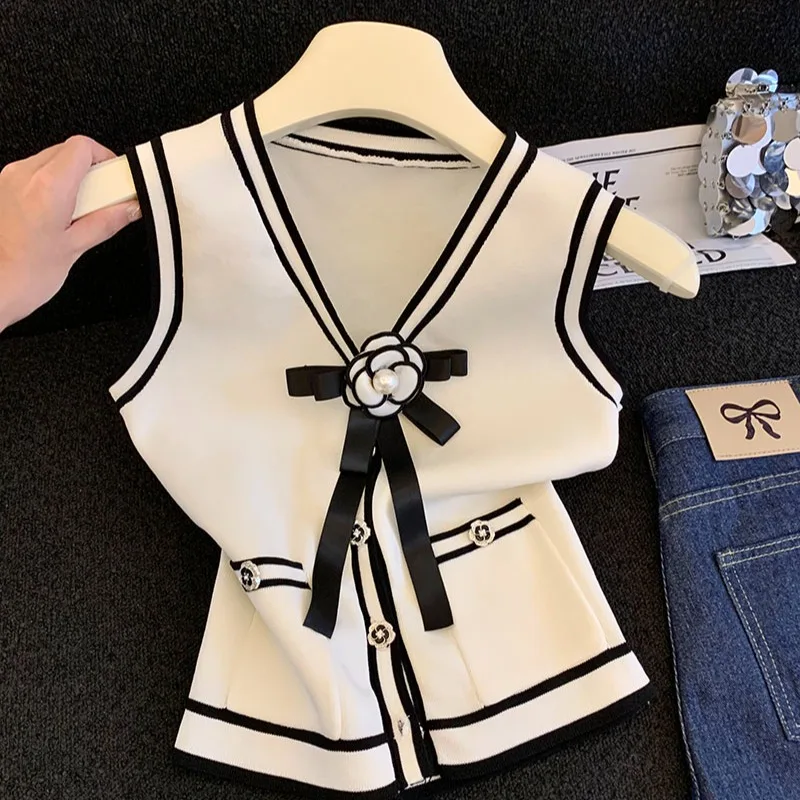

Stunning Knot Knitted Open Cardigan Women's Sleeveless Top High-End Feel Summer New Arrival Commute Style Silk Fabric