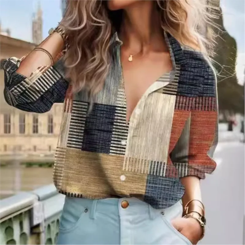 

Elegant Women's Stripe Printed Collar Office Casual Shirt Spring And Autumn Fashion Woman Long Sleeve Button Loose Blouse S-3XL