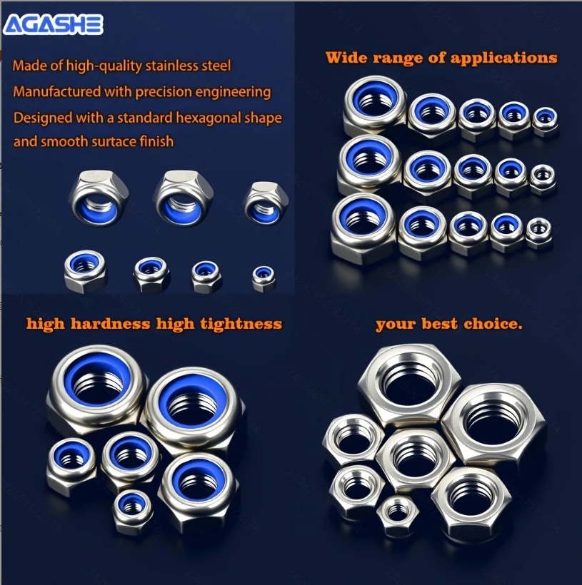 352 قطعة من أطقم صواميل M3-M8 من الفولاذ المقاوم للصدأ من الدرجة الأولى مع أجزاء مضادة للخياطة من النايلون، تصميم مضاد للأسنان اليمنى، شفاف