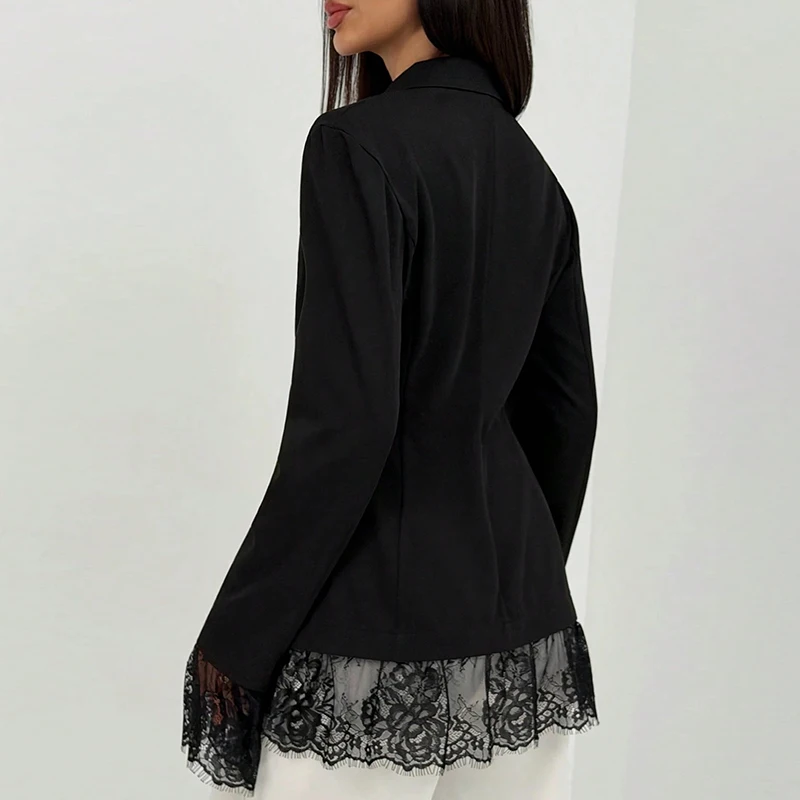 Elegant Formal Office Outerwears Women Solid Blazer Suit Jacket Lapel Collar Long Sleeve Lace Hem Single Breasted Slim Top Coats