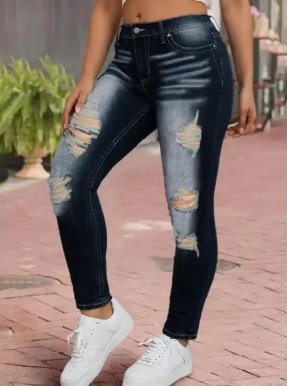 

Весна 2026: Новые модные элегантные повседневные женские джинсы с дырками, облегающие брюки, женская одежда