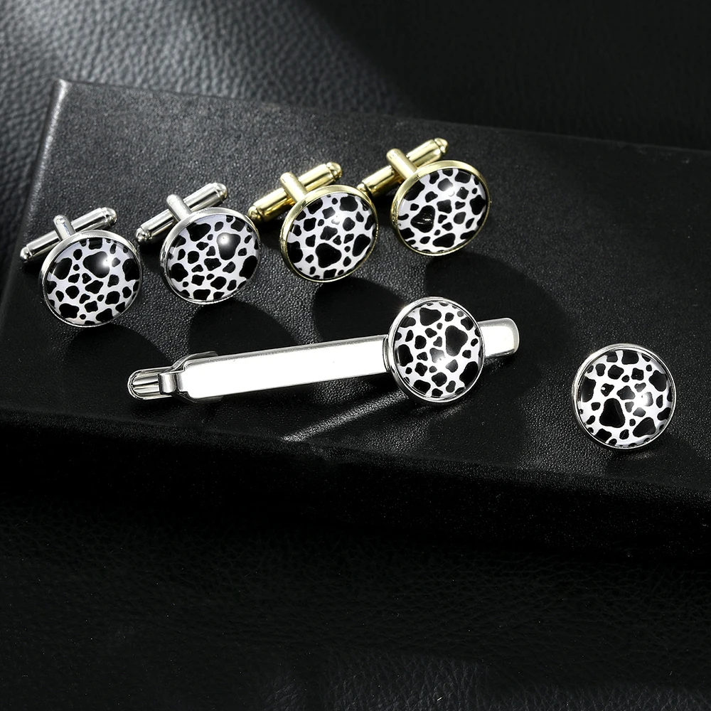 مضحك رجل ليوبارد طباعة نمط جولة أزرار أكمام وربطة عنق كليب مجموعة الزجاج كابوشون صورة فنية كم زر