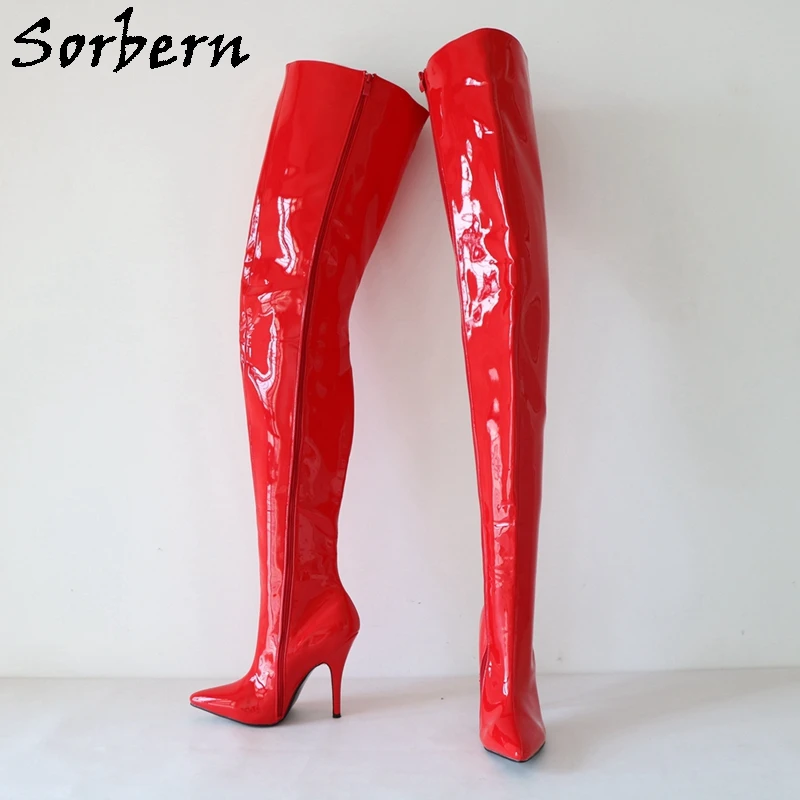 Sorbern 12Cm Red Fetish Boots Women Pointed Toe Thick Hard Shaft Unisex Drag Queen Boots Custom Slim Or Wide Fit Legs