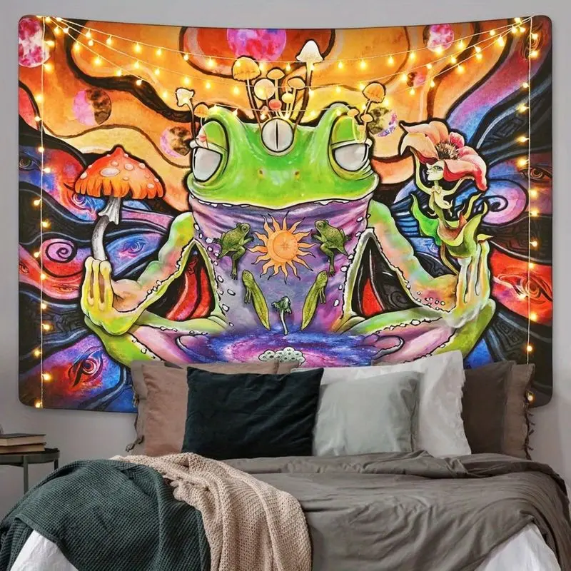 VIKAMA Meditation Frog Tapestry Psychedelic Mushroom Wall Hanging Hippie Trippy Aesthetic Bedroom Dorm Home Decor