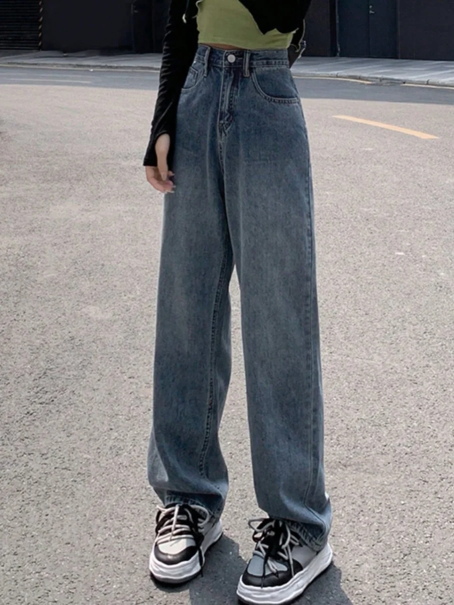 

Retro American Wide Leg Jeans Women's Loose Fit Floor Length Straight Cut Denim High Waist Button Closure Summer Style