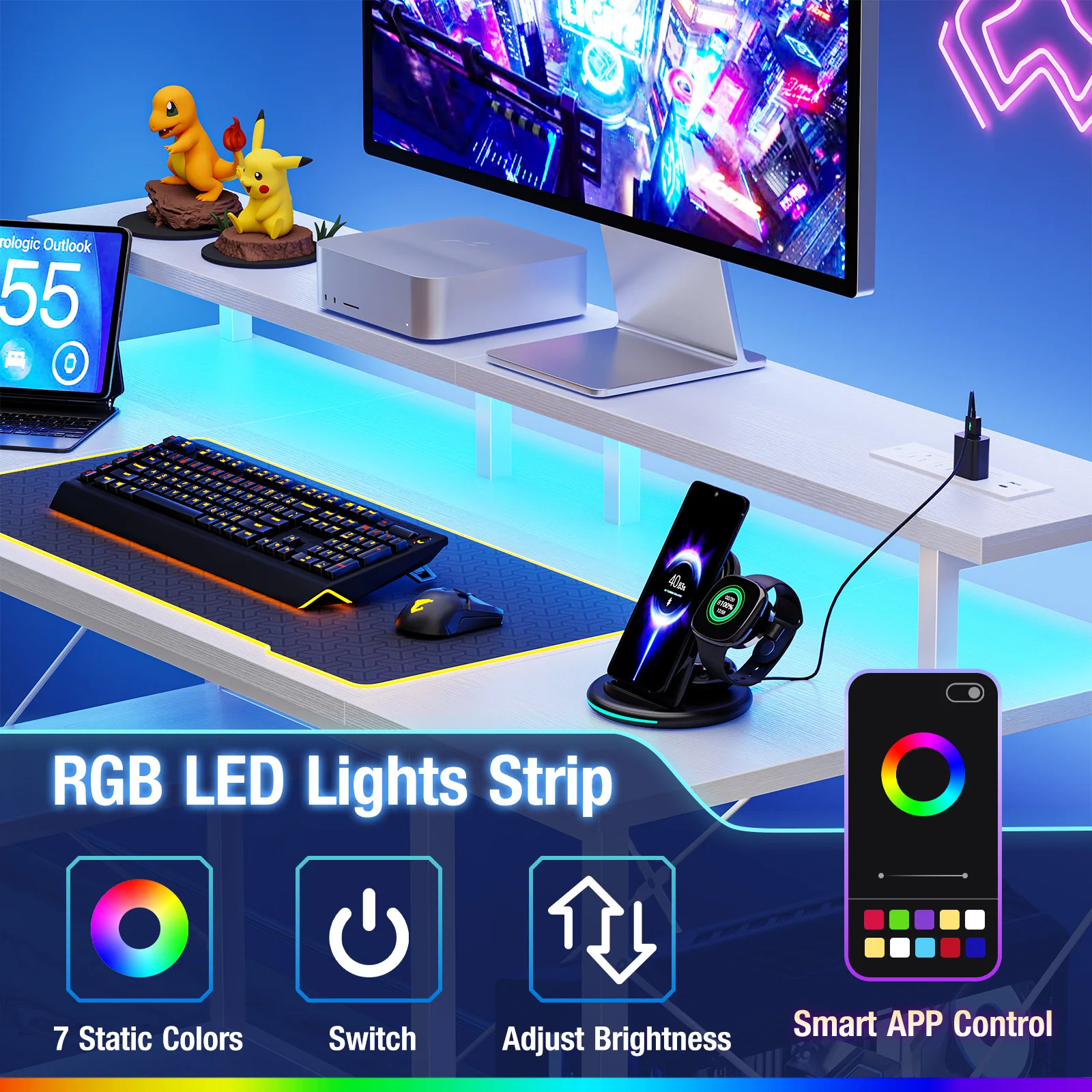 Mesa de Computador JHK de 48 Polegadas com Prateleiras, Gavetas de Armazenamento, Mesa de Escritório de Madeira com Luzes LED e Tomadas de Energia, Mesa para Jogos
