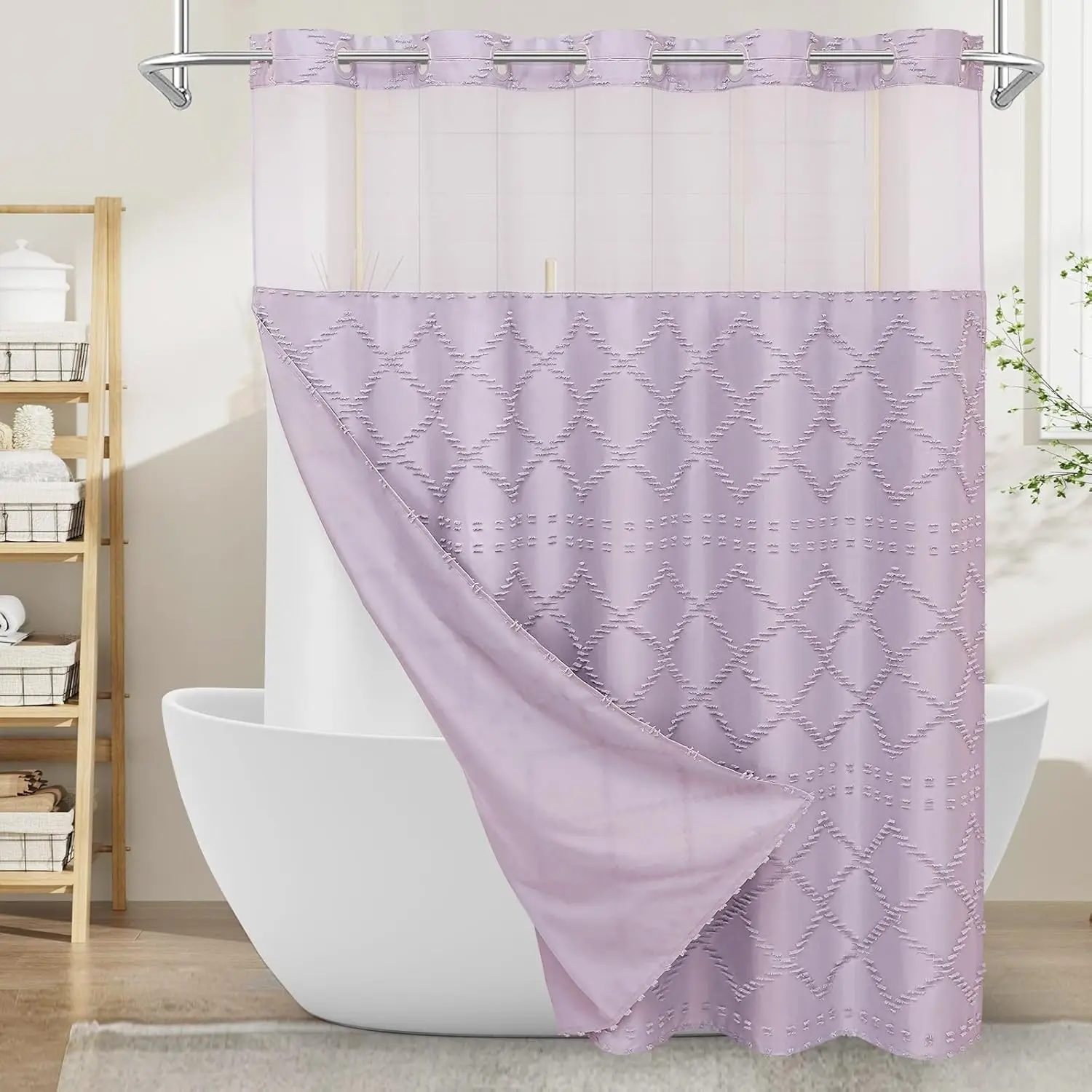 

Boho Lavender Woven Fabric Shower Curtain 72 x 74 Modern Farmhouse, No Hooks Tufted Chevron Striped Shabby Chic Textured