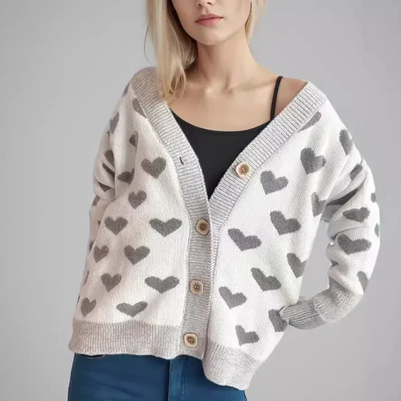 2025 Heart Shaped Knitted Cardigan Women Fashion Love Single Breasted Sweater Mujer Autumn Winter V Neck Loose Cardigans Coat