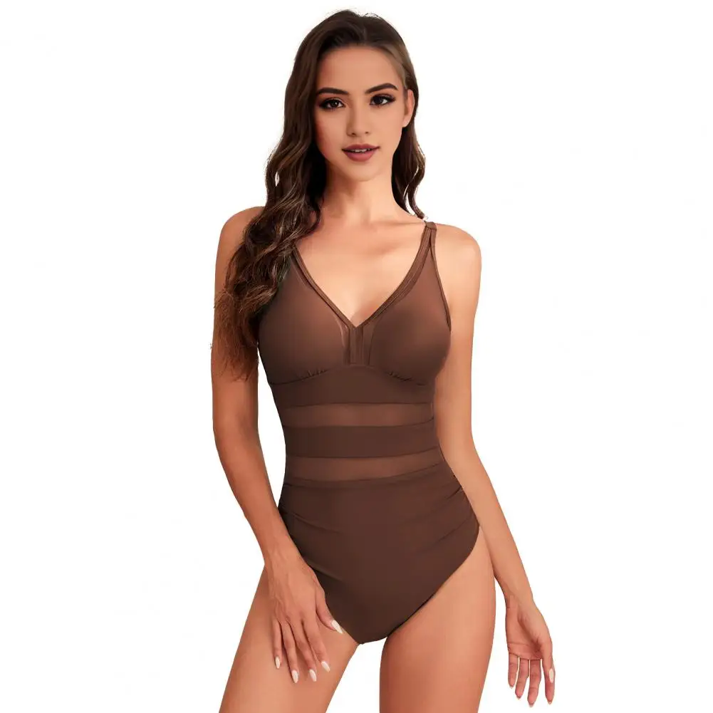 Maillot de bain une pièce à col en V profond pour femmes, monokini sexy, fibre, maille creuse, épissage, taille haute, ensemble de bikinis en forme de S