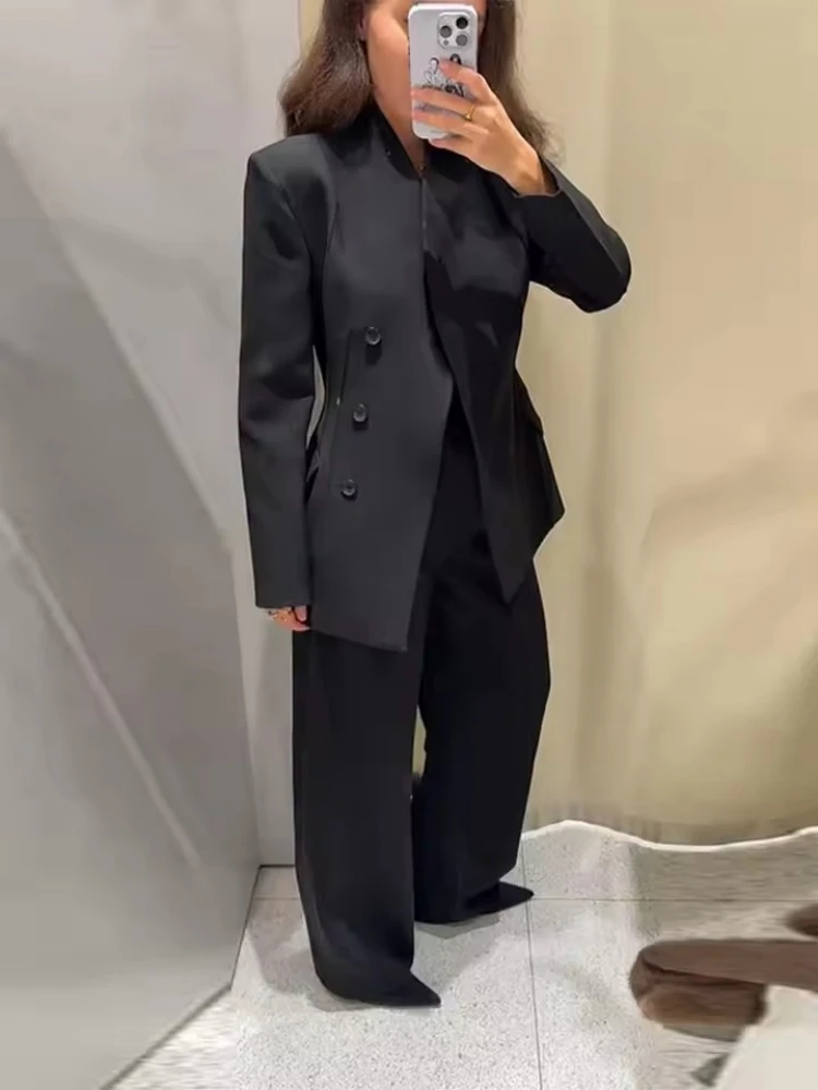Women Elegant Black Blazer Pants Set Autumn New Button Slim Blazer Coat +Zip-up Straight Long Pant Sets Female 2 Piece Suits