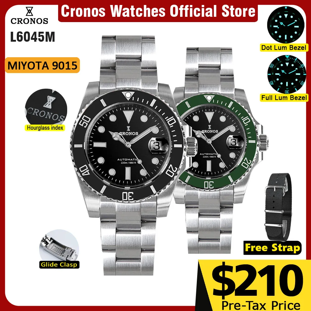 

Мужские часы Cronos Sub Diver Miyota 9015, эмалевый циферблат, матовый браслет, керамический безель, 200 метров, водостойкая скользящая застежка L6045