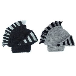 Men Women Funny Chunky Knitted Roman Knight Helmet Hat Contrast Color Tassel Barbarian Crochet Earflap Beanie Skull Cap with