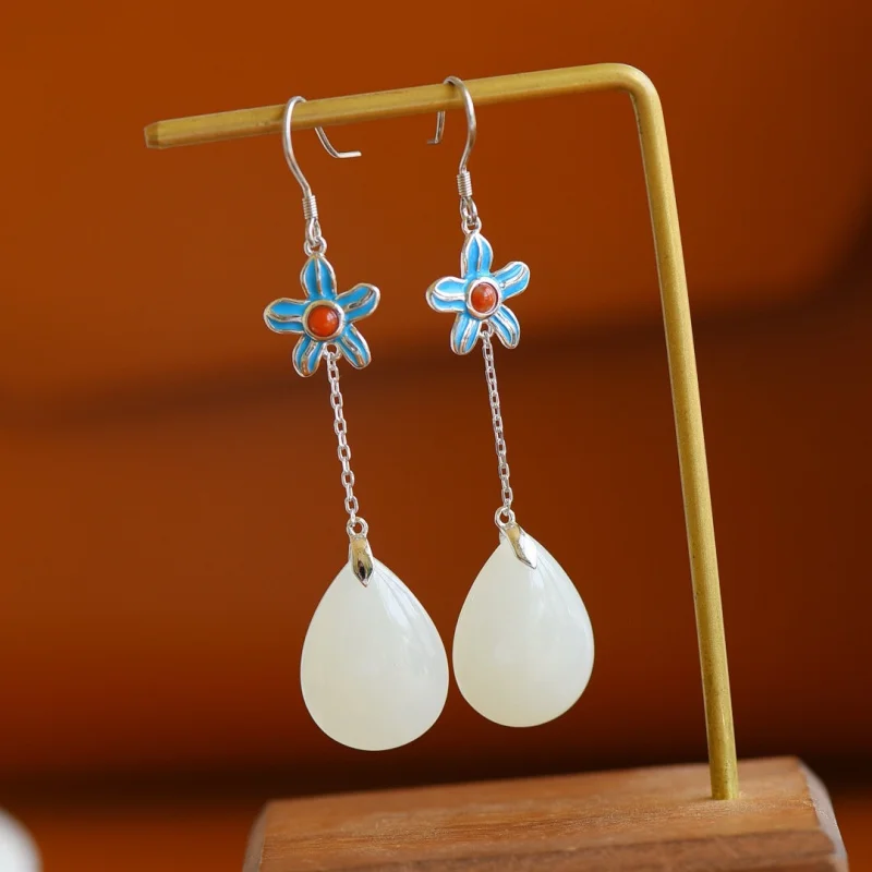 

S925 Серебряные аксессуары, женские длинные серьги-гвоздики из белого нефрита с морской звездой