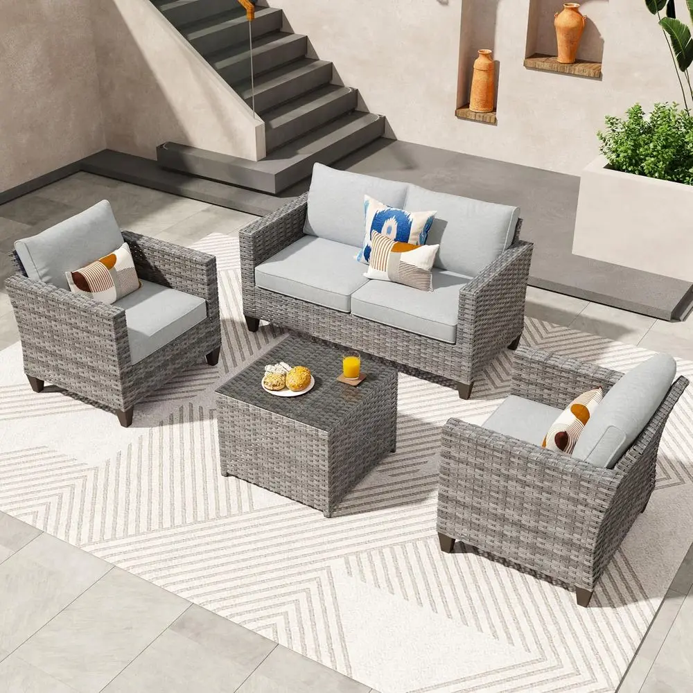 

Комплект садовой мебели из 4 предметов: диван-софа, кресла и стеклянный кофейный столик, серый, для патио, двора или сада