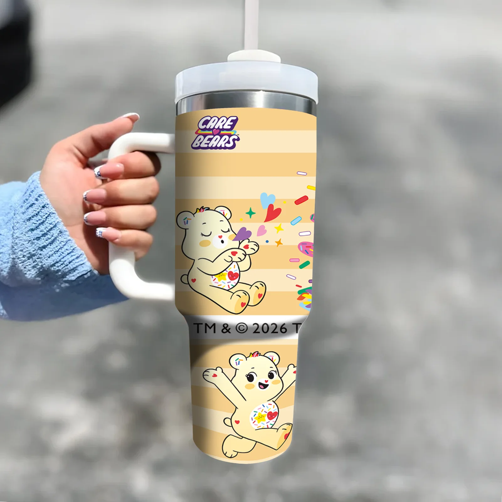1pc 40oz Cute Care Bears Rainbow Donut Print Stainless Steel Tumbler with Handle Straw for Car Office Camping Sports Daily Drink