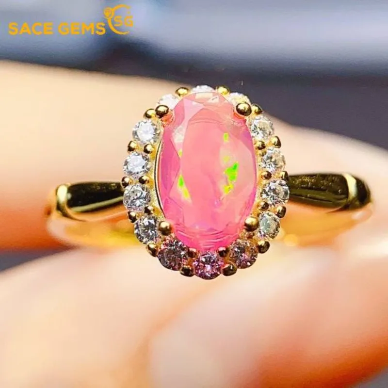 

SACEGEMS Fashion 925 Sterling Silver 5*8mm Pink Natual Opal Luxury Rings for Women Created Wedding Engagement Party Fine Jewelry
