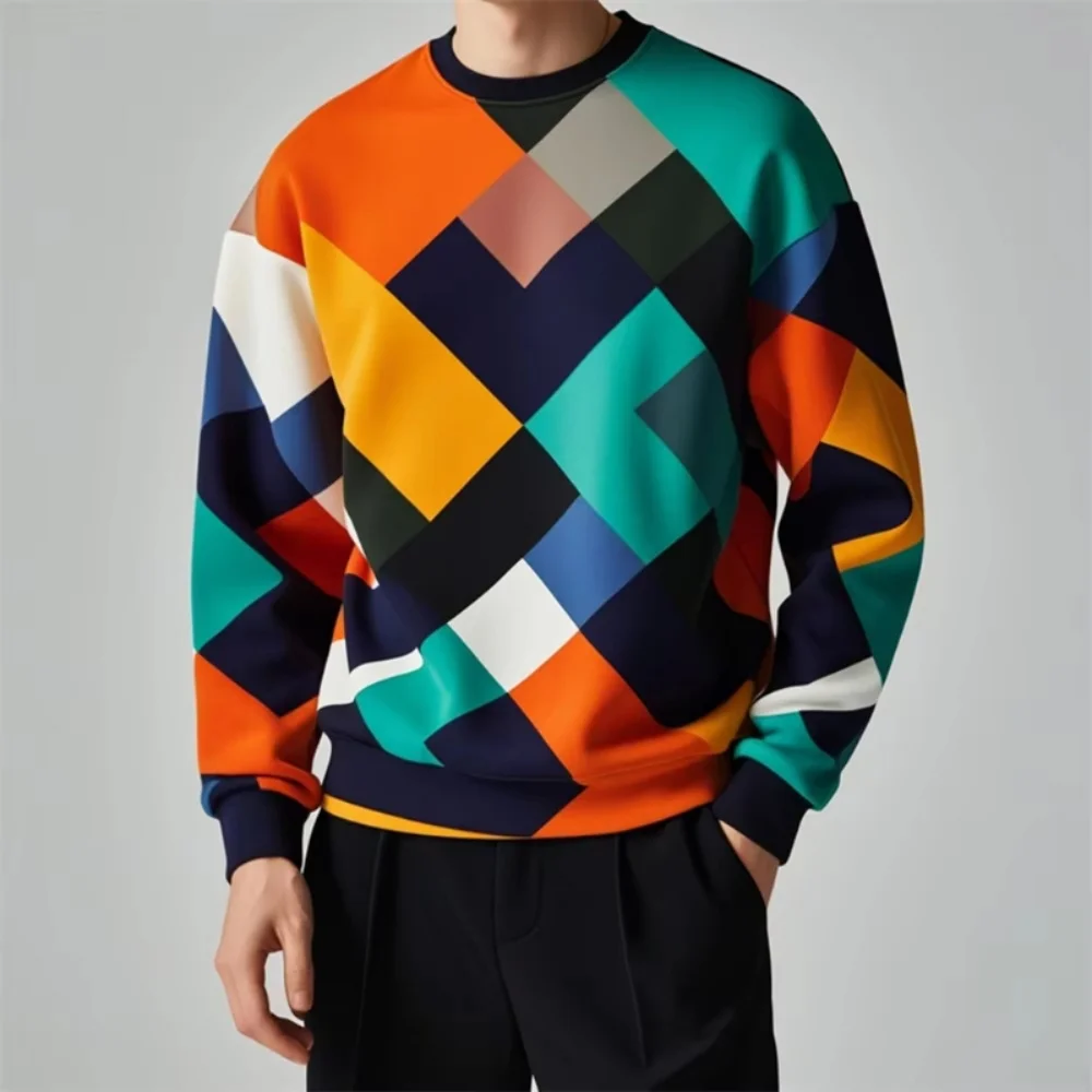 خريف موضة البلوز البلوز للرجال ثلاثية الأبعاد الهندسة الملونة الجرافيك طباعة الجولة الرقبة الرقبة هوديس البلوز ملابس الذكور غير رسمية
