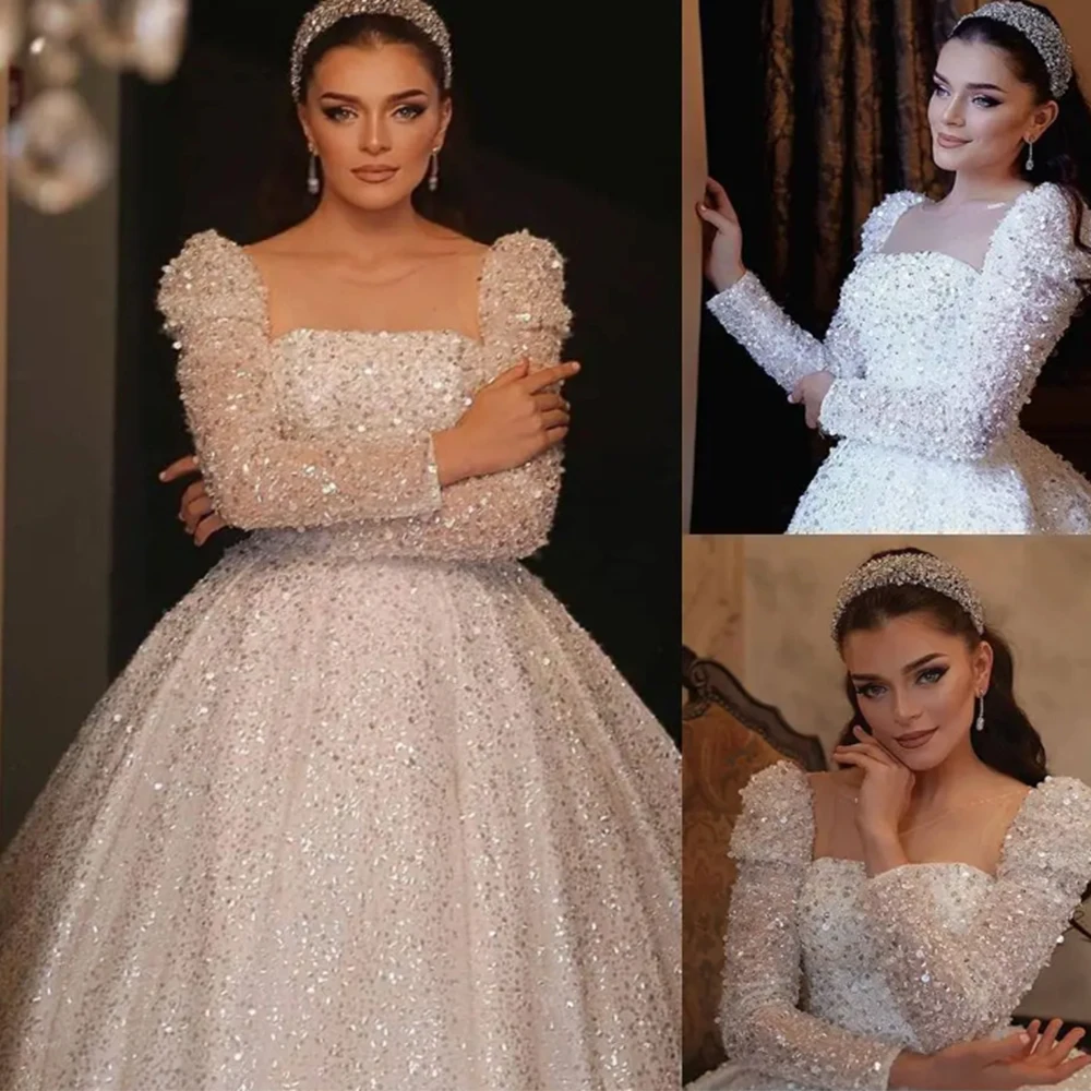 Gaun pernikahan berkilau payet manik-manik cantik gaun pengantin lengan panjang kerah persegi gaun pengantin berkilau renda buatan khusus Vestido De Novia