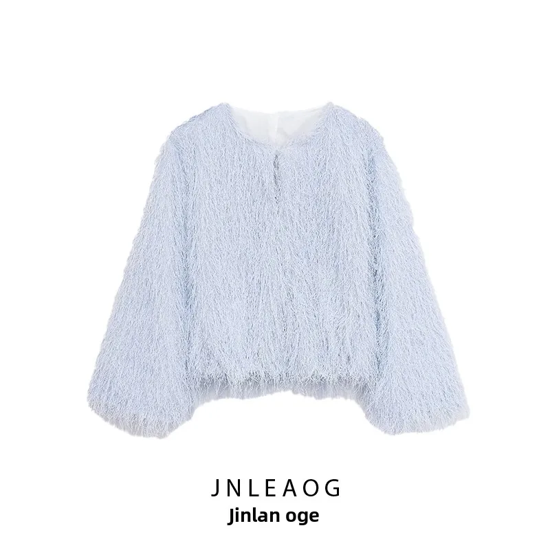 

Faionable светло-голубой круглой Ne с бахромой Jaet, женская верхняя одежда, Новое осеннее поступление, длинное пальто из полиэстера JNLEAOG