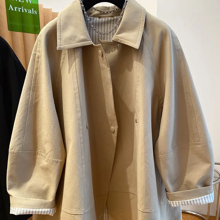 Women's Loose Trench Jacket, Casual Oversized Button-Down Coat with Striped Lining, Spring Fall Outerwear