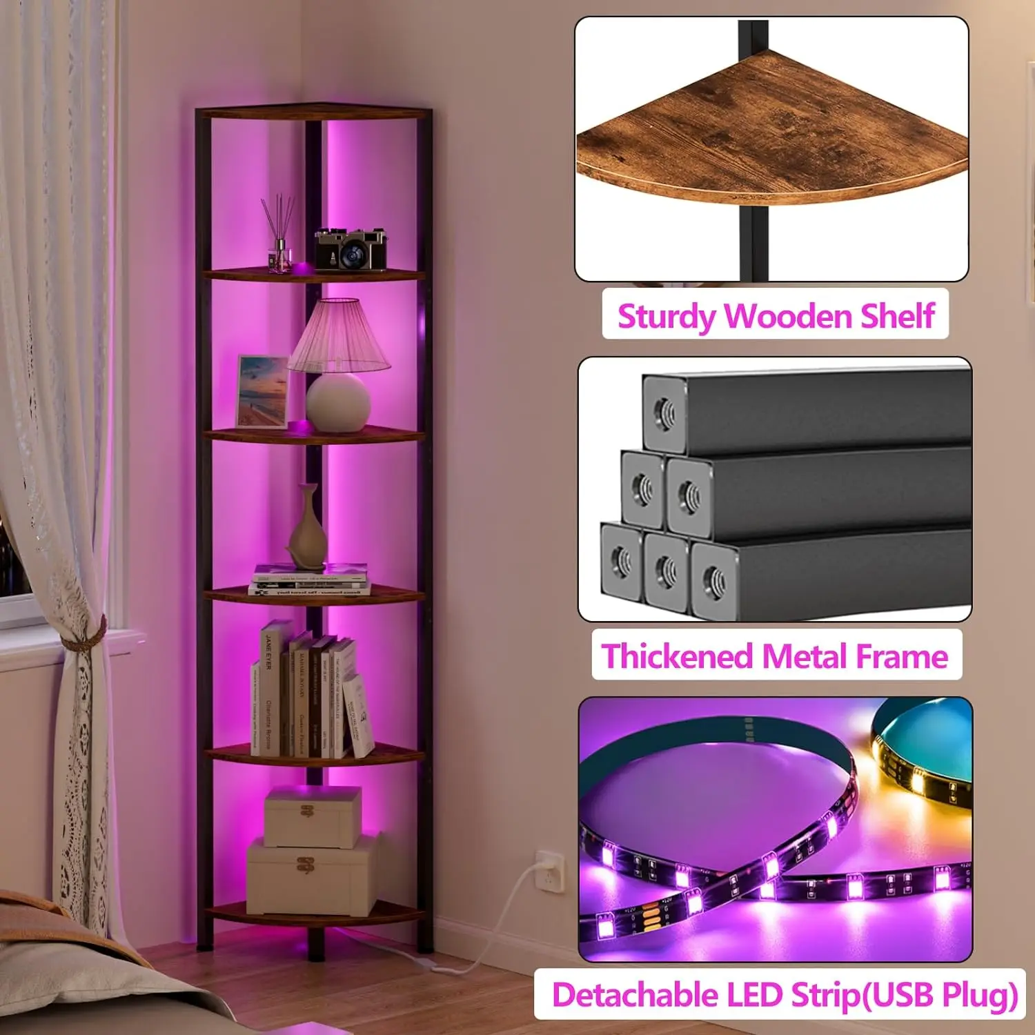 6 Tier Corner Shelf with LED Light, 67.5” Tall Standing Shelf Organizer, Narrow Bookshelf with Storage Rack for Wall Co