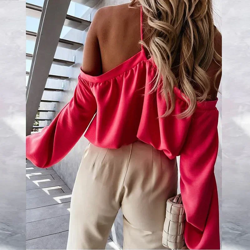Off-shoulder Women's T-shirt Elegant Solid Long-sleeved Halter Top Pullover  New Sexy Spring Casual Ladies Hollow T-shirt