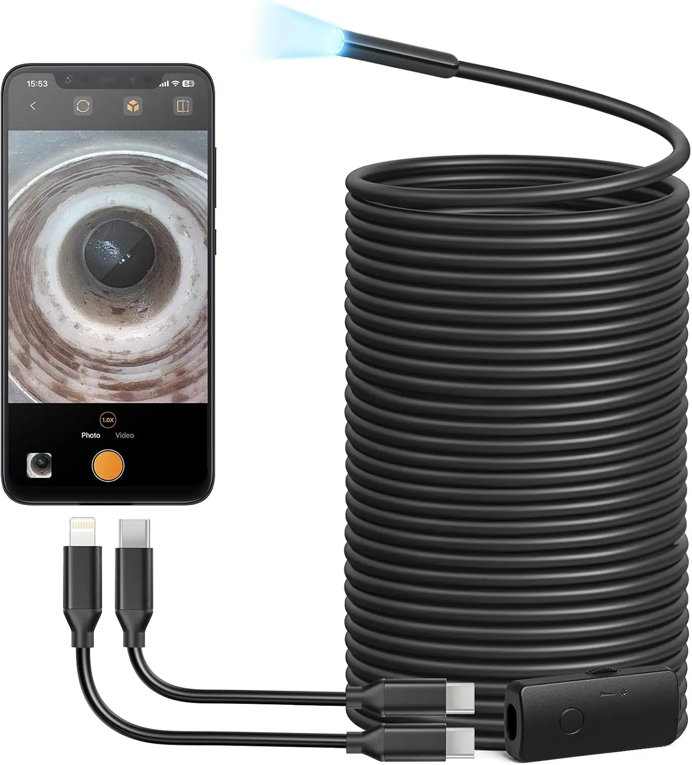 USB Endoscope Camera with Adjustable LED Lights, Waterproof Inspection Cam for iPhone and Android, 50 ft Cable