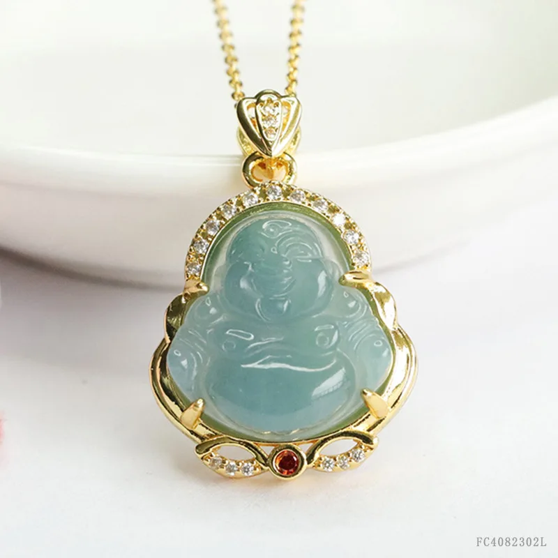 

Серебряное ожерелье S925 с натуральным нефритом и голубым изумрудом, кулон Будда Майтрея, резной амулет, модное ювелирное украшение, подарок