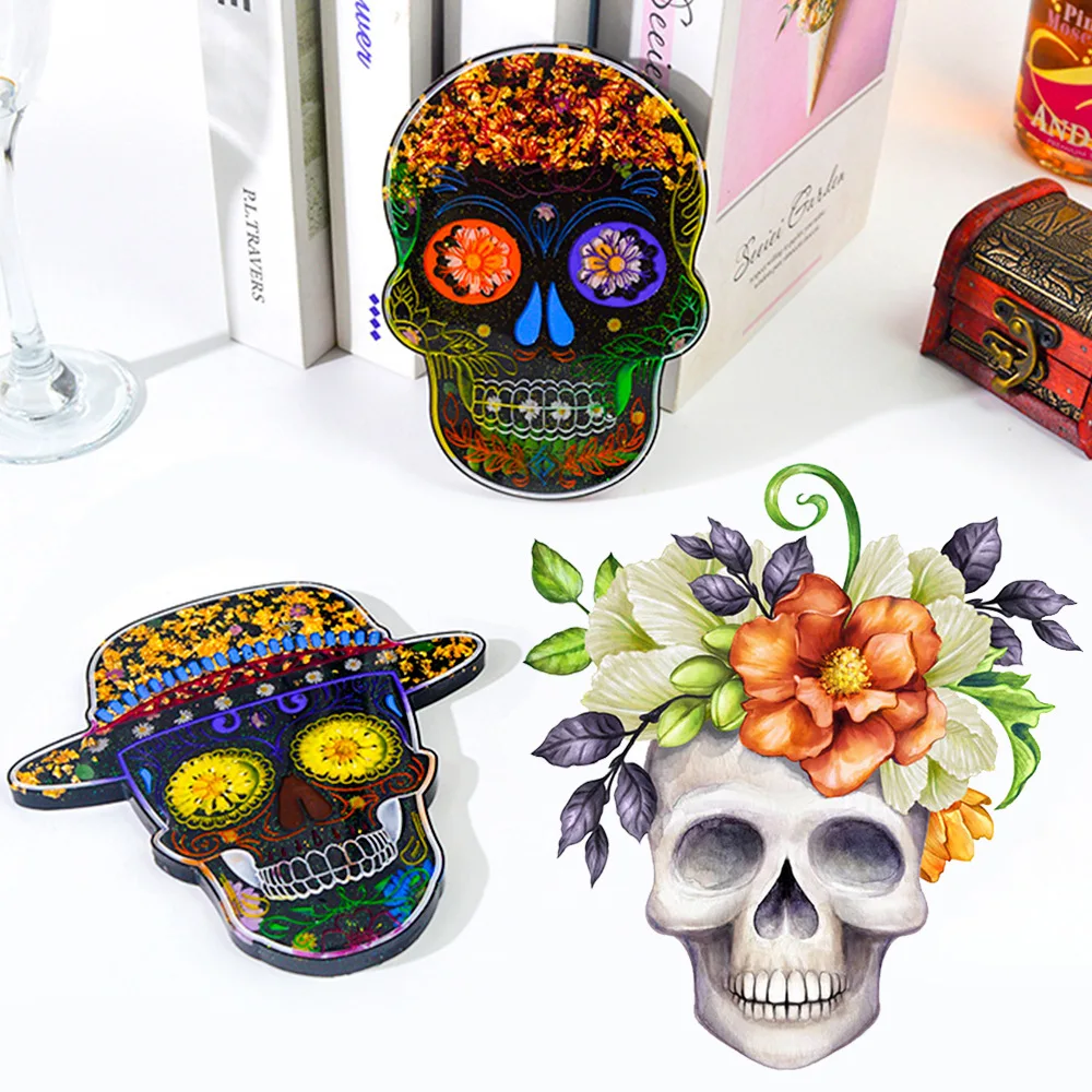 4 Uds. Molde de silicona de esqueleto de Halloween, molde de calavera mexicana del Día de los muertos, cara de fantasma, molde de posavasos de goteo de resina epoxi DIY