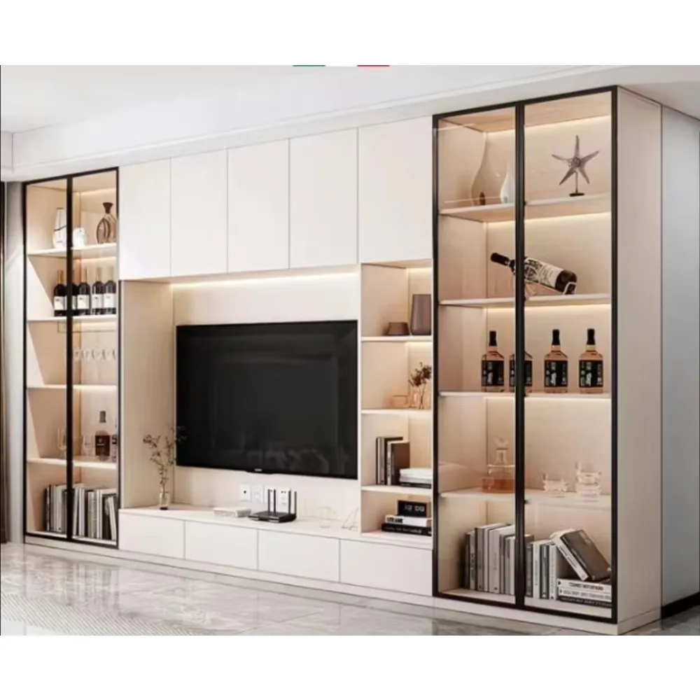 Minimalist Modern Custom Full Wall Solid Pine Wood Durable TV Cabinet with Storage for Living Room Apartment Home Furniture