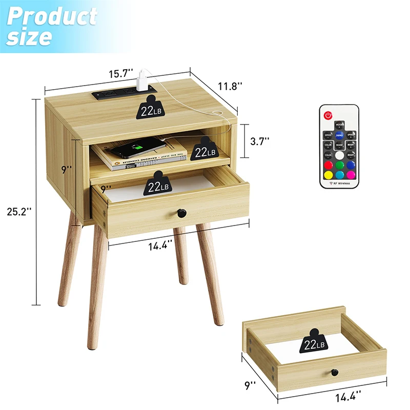 AIROW Hanyee Wooden Nightstand, Remote Control LED Bedside Table with Power Socket