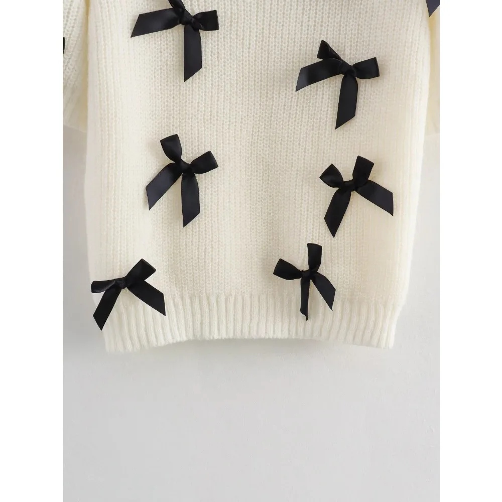 TRAF ZR High Street Ladies O-neck Sweater Vintage Chic Pullover Sweaters for Women Y2k Short Sleeve Knitwear Outfits with Bows