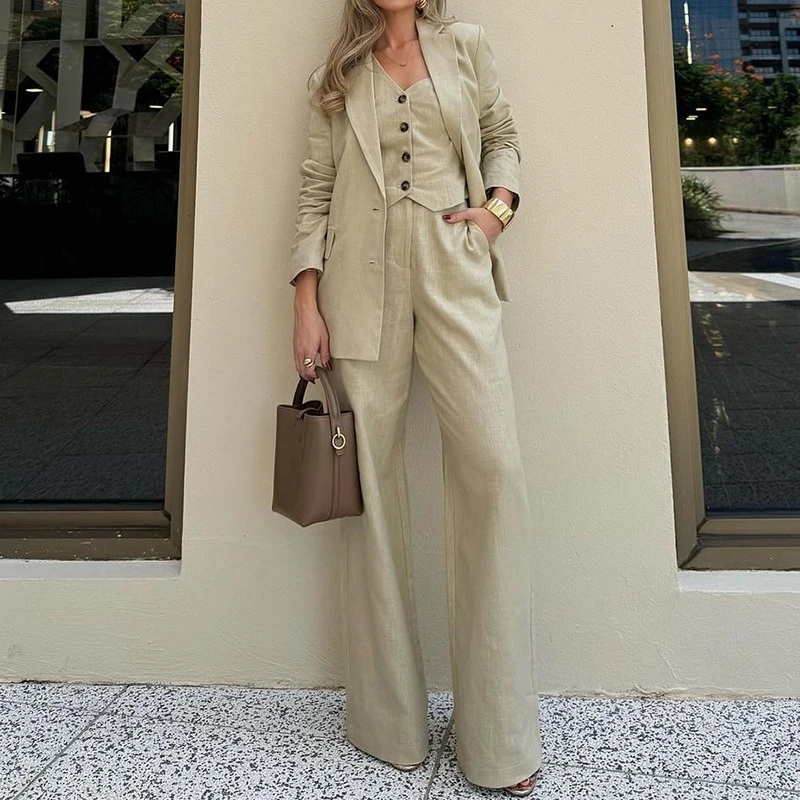 Nice Simple Fashion Long Pant Suit Casual Solid Vest 3 Piece Set Lady One Shoulder Single Breasted Tank+Coat+Wide Leg Trouser Ou