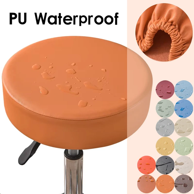 

Elastic Round Chair Cover Waterproof PU Leather Slipcover for Bar Stool Dining Chair Rotating Footstool All Inclusive Protector