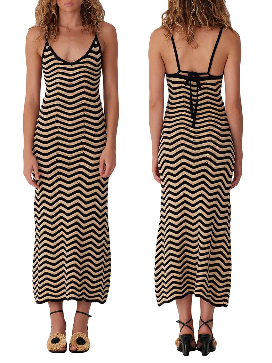 

Women Knit Dress, Spaghetti Straps Backless Wave Long Dress Summer Cocktail Dress