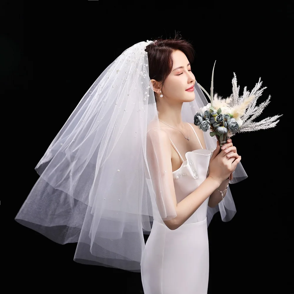 

Wedding Veils Bridal Veil Two Layer Marriage Wedding Accessories Bride to Be Pearl Beaded