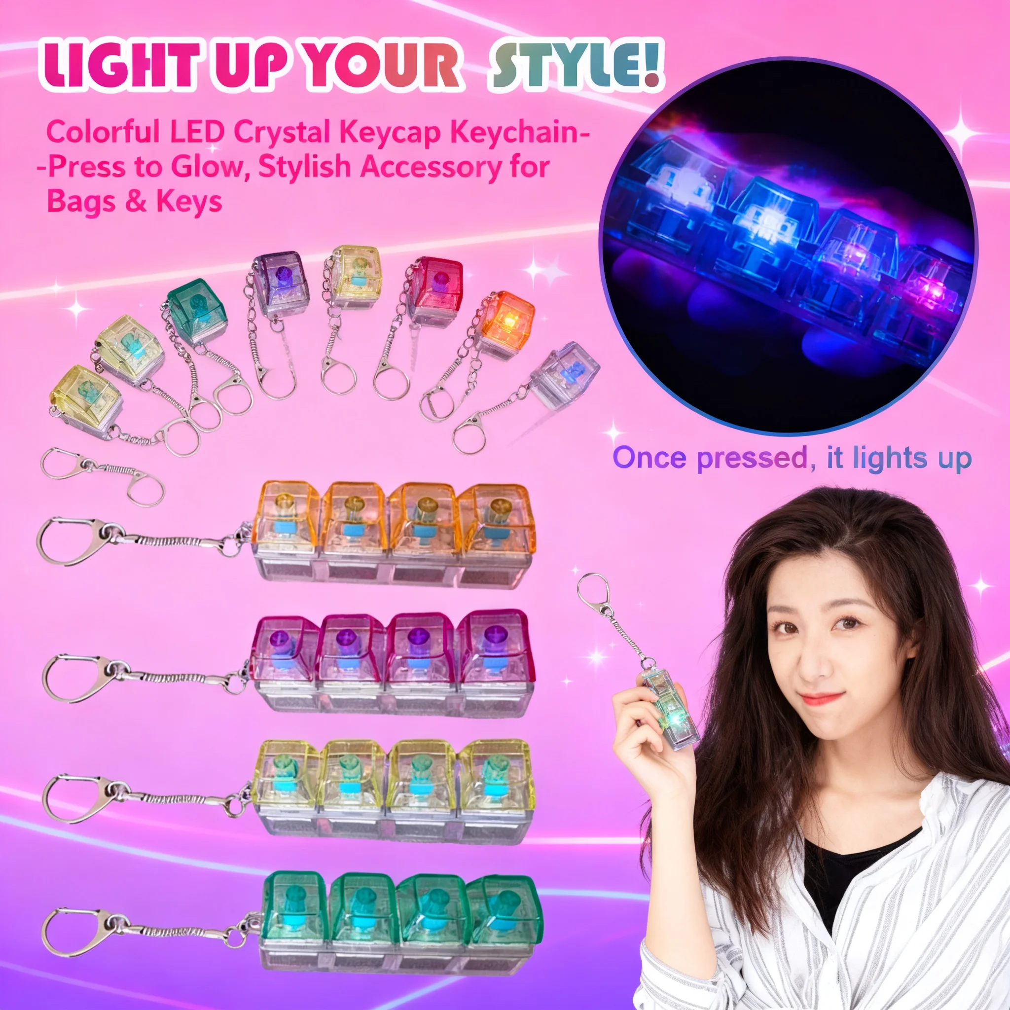 LED Crystal Fidget Toy Keychain Stress Relief Decompression Keyboard Clicker Fingertip Keycap Gadget