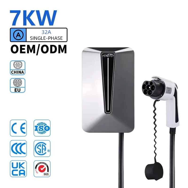 New Charger 7kW 220V Single Phase Wall/Mounted Pole-Mounted AC Waterproof Type 2 Interface Display Screen 32A