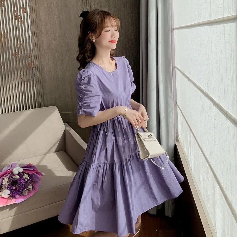 

Dressed Women's Summer New Korean Lacing Pleated Solid Color Loose Short Sleeve Sweet Mini Dress Temperament Fashion Clothing